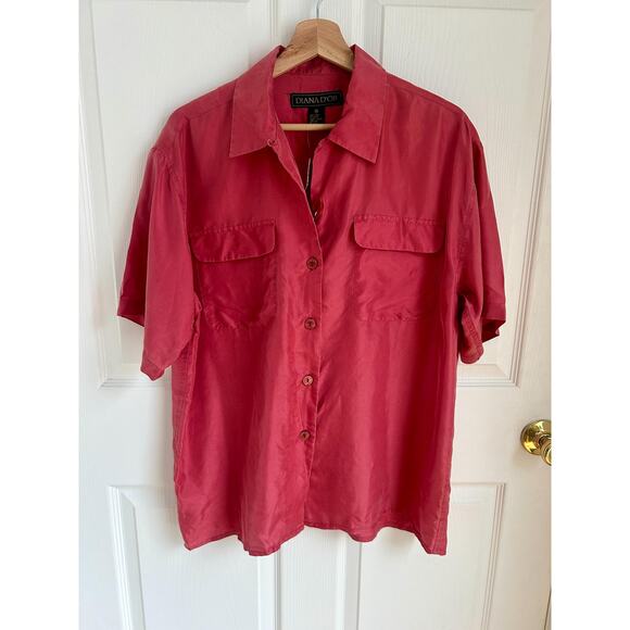 Vintage Deadstock Salmon Washable Silk Short Sleeve Button Down Blouse Sz M - Picture 5 of 8